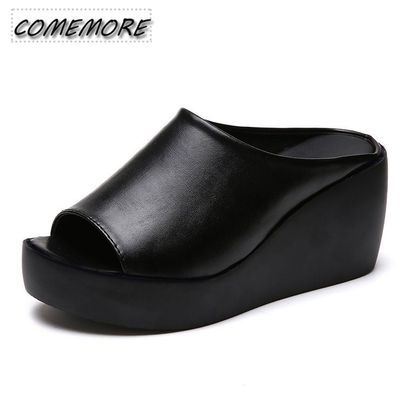 Chinelos de verão feminino, sapatos plataforma, cunhas, dedo do pé aberto, sólido, respirável, casual, sandálias de grife, cor preta