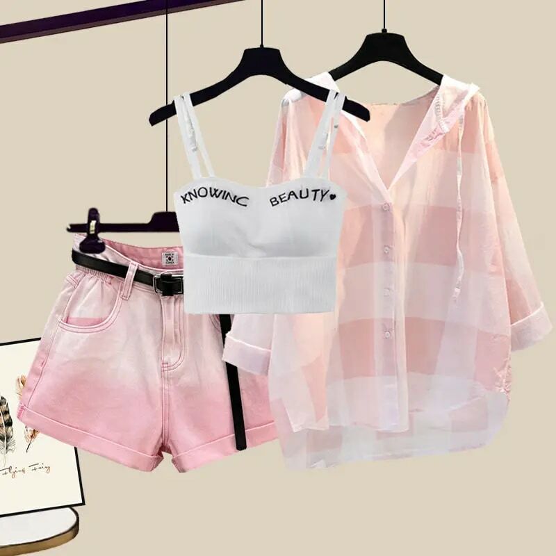 Fashion Tie-dyed Shorts Sunscreen Plaid Shirt Pink Bra Three-piece Elegant Women's Pants Set Summer Outfits Tracksuit for 2023