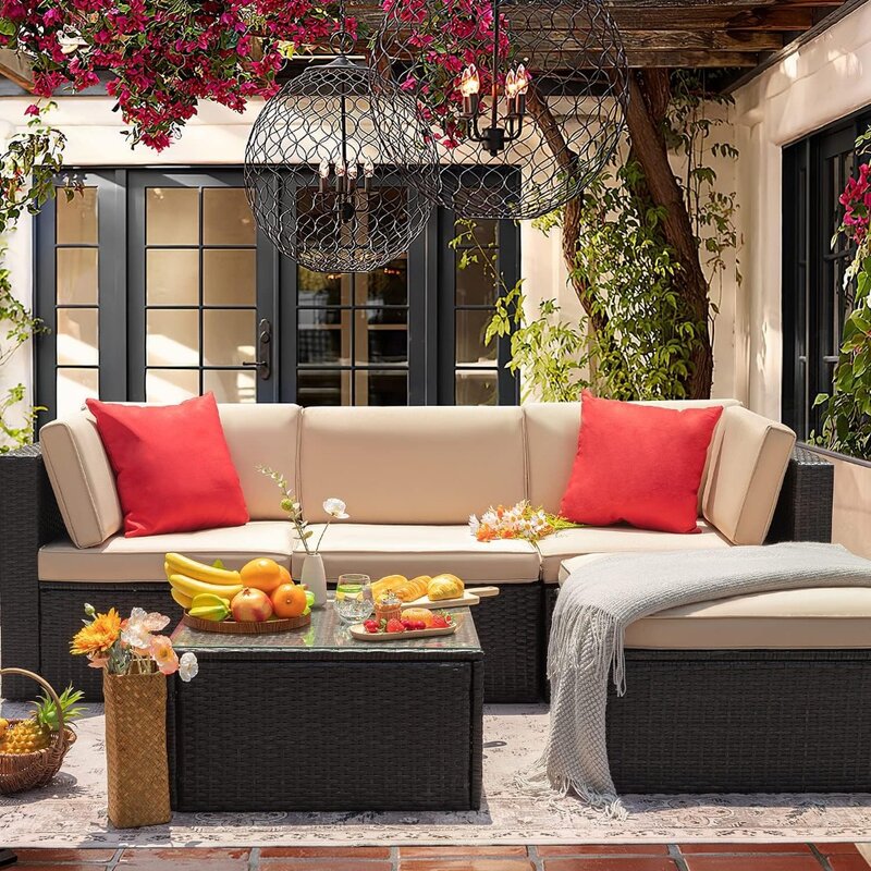 5 Stück Terrassen möbel Set Korb Outdoor Schnitts ofa mit dicken Kissen gehärteten Glas Tisch Terrasse Couch Gesprächs set