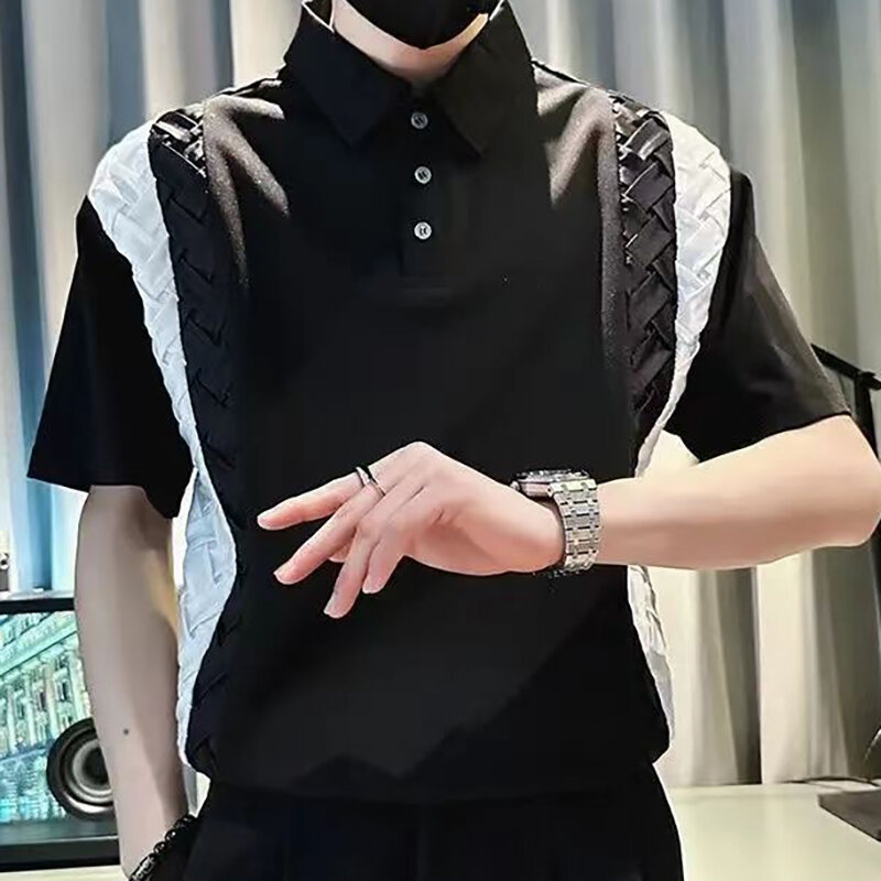 Kemeja Polo lengan pendek pria, pakaian atasan longgar Semua cocok kasual kancing Lapel Fashion Korea Musim Panas 2024