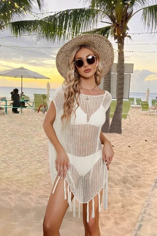 2024 Summer New European and American Women's Tassel Large Loose Hollow Beach Swimsuit Vacation Cover Up for Women SFC39-4