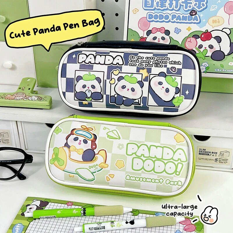 Cartoon Panda Pencil Case, Pen Bag, PU Cosmetic Pouch, Caixa de armazenamento de grande capacidade, Organizador de papelaria, Material escolar