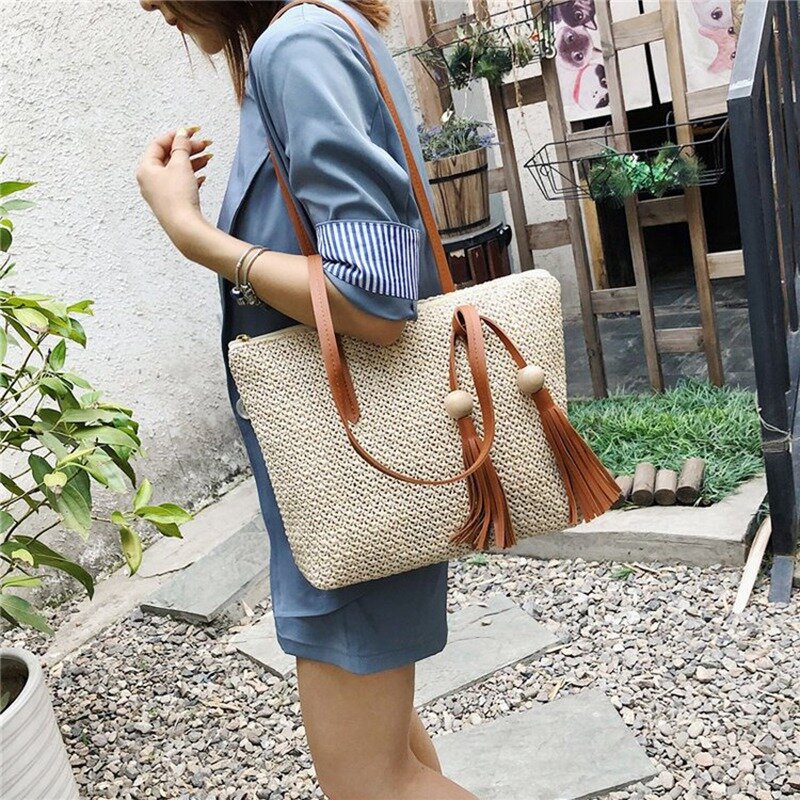 Women Simple Straw Handbag Shoulder Bag Tassels Tote Summer Beach Zipper Shopping Crossbody Fashion Travel Messenger Bag