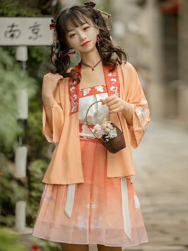 Zomer nieuwe chinese stijl dunne zonnebrandcrème shirt verbeterde hanfu song dynastie korte vrouwen 3-delige pak