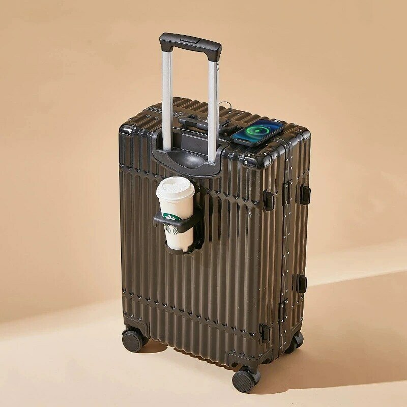 Maleta de equipaje multifuncional con marco de aluminio, asiento de portavasos con rueda Universal, Maleta de embarque con interfaz USB integrada