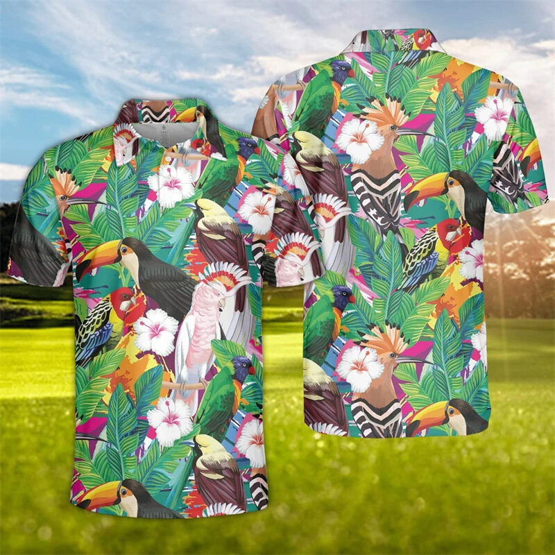 Tucano Havaiano Masculino 3D Estampado Camisa Polo, Roupas da Moda, Pássaro, Papagaio, Férias, Manga Curta Menino Tops
