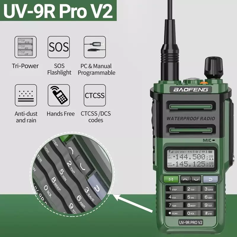 جهاز اتصال لاسلكي مقاوم للماء Baofeng uvu 9R Pro ، راديو ثنائي النطاق Ham CB ، راديو ثنائي الاتجاه ، شاحن ثلاثي الطاقة من النوع C ، V2 ، IP68