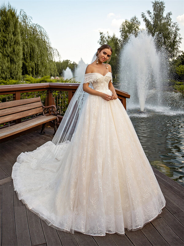 Urocza suknia ślubna z odkrytymi ramionami 2024 eleganckie suknie ślubne z wdziękiem suknie wieczorowe z krótkim rękawem Vestidos De Novia