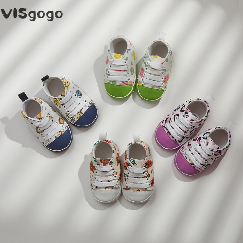 VISgogo Baby Canvas Shoes Flower Planet Gingerbread Man Leopard Print Non-slip Walking Shoes Infant Girls Boys Casual Flats