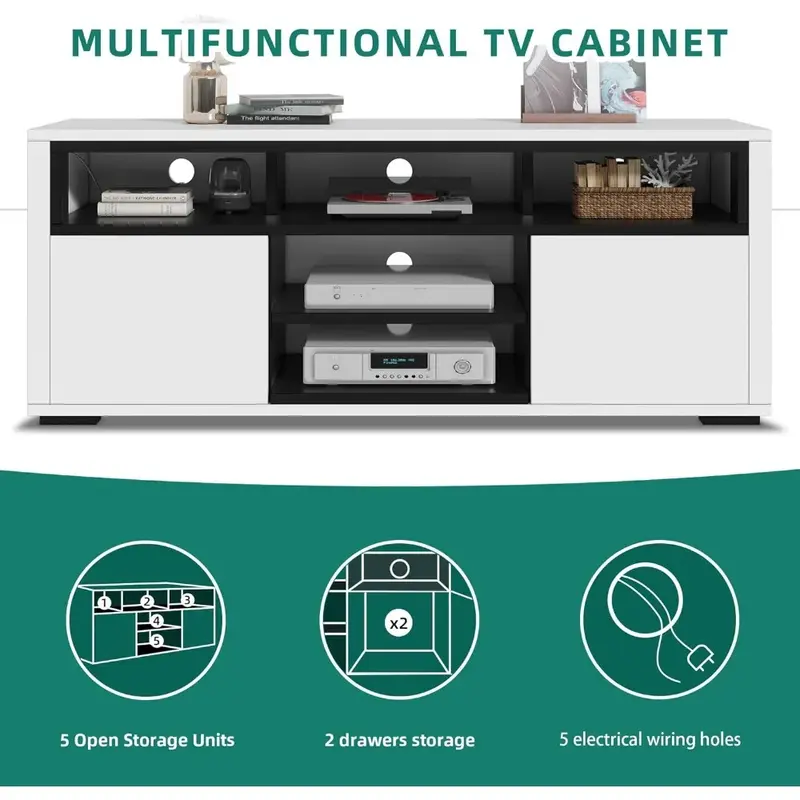 Modern LED TV Stand 55", Entertainment Center with 5 Open Shelves, High Gloss Wood TV Console, Gaming Media Stand