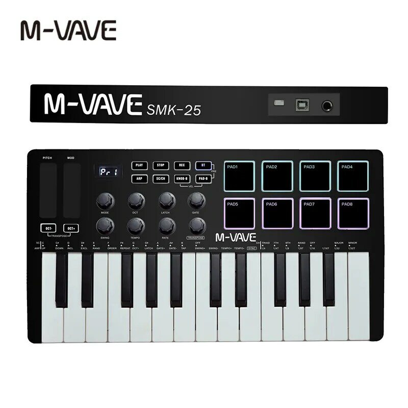 Портативная MIDI-клавиатура M-VAVE, 25 клавиш, USB MIDI-контроллер с 8 барабанными колодками с подсветкой, 8 кнопок, 8 музыкальных инструментов RGB