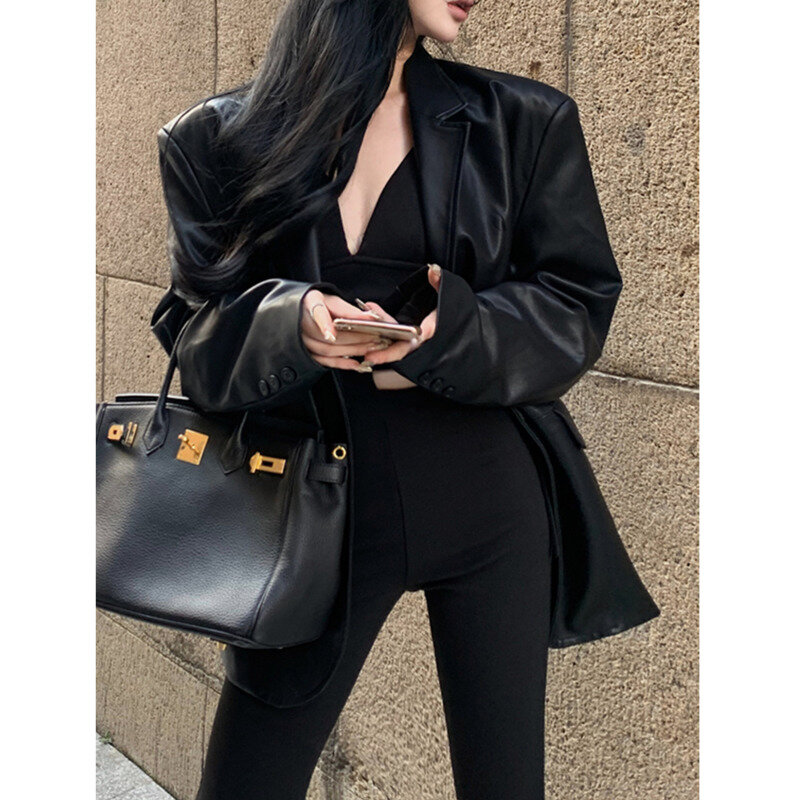 Leather Jackets For Women 2023 Autumn New Solid Long Sleeve Notched Single Button Tailored Coat Korean High Street Y2k Clothes