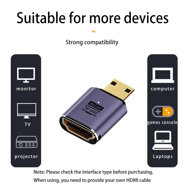 Adaptor gender Mini HDMI 360 derajat bentuk U 180 Mini HDMI pria ke HDMI wanita siku L konverter 8K HD 2.1V ekstensi 4K 60Hz