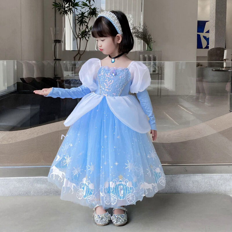 Cinderella Princess Cosplay dress for Girl Kids Ball Gown Sequin Carnival TUTU Puff Mesh Clothing Birthday Gift Summer