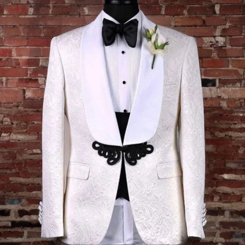 Jacquard Pattern Groom Tuxedo for Wedding Dinner Slim Fit Men Suits with Black Velvet Lapel 3 Pieces African Fashion Costume