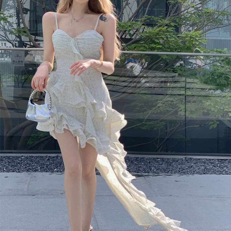HOUZHOU Elegant Party Ruffle Dresses for Women Chiffon Slim Dress Korean Bodycone Sweet Floral Dress Sleeveless Lace Fairycore