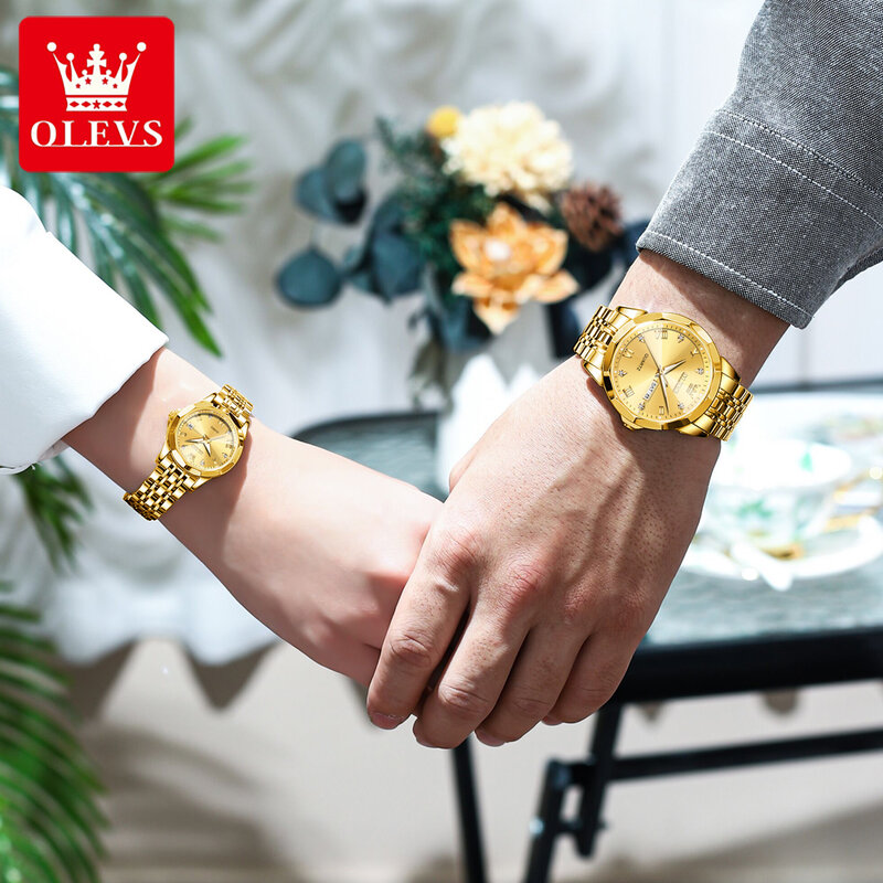 Olevs 9931 Luxe Originele Quartz Paar Horloges Ruit Spiegel Waterdicht Horloge Voor Mannen Vrouwen Date Kalender Zakelijk Polshorloge