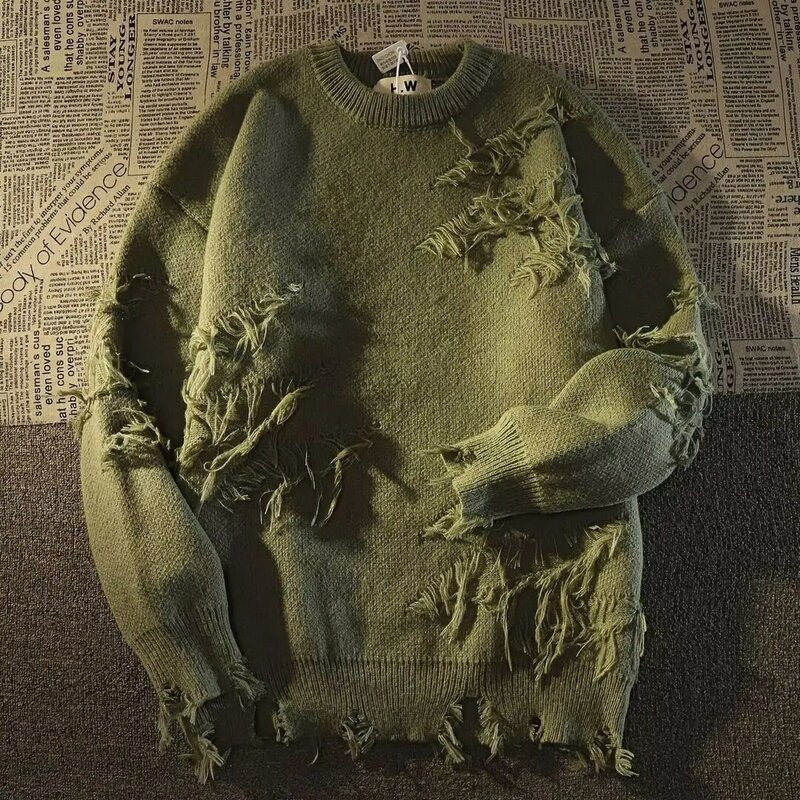 Suéter Retro con flecos y agujeros para hombre y mujer, ropa de calle holgada y versátil, de manga larga, para otoño, novedad de 2024