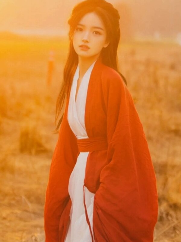 Hanfu rojo de la dinastía Jin para mujer, traje antiguo de manga ancha, falda de hada que fluye, elegante, nuevo