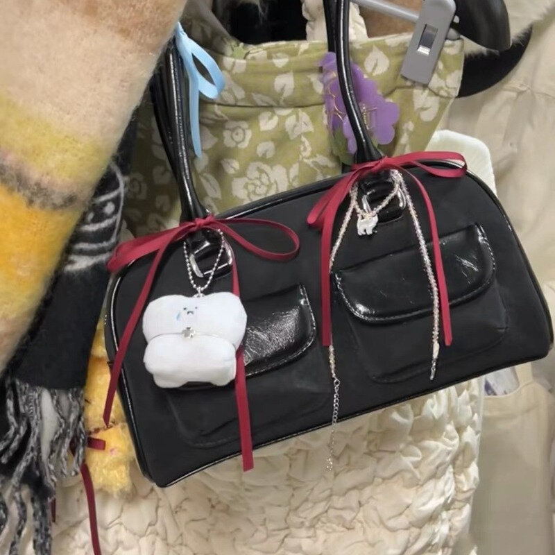 Корейская модная женская сумка Xiuya через плечо, сумка из чистой черной искусственной замши для боулинга, повседневная роскошная винтажная Сумка-тоут, новинка 2024
