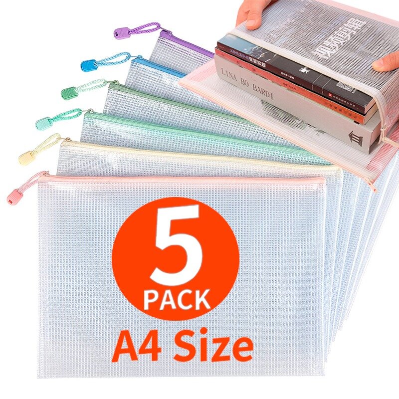 Waterproof Zipper File Bags A4 Translucence Mesh Document Bag Pen Pocket Folder for Home Office School Supplies Organizer Bag