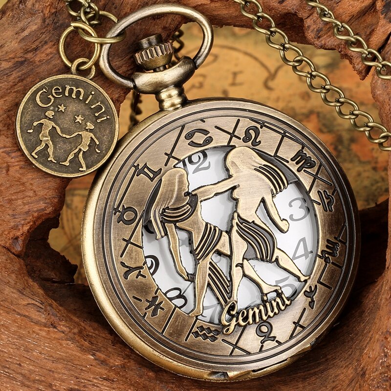 Unisex Bronze Quartz Relógio de Bolso, Bronze, Oco, Doze Constelação, Cadeia, Numerais arábicos, Display, Presente de Aniversário