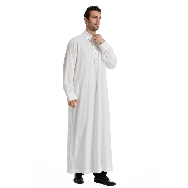 Eid muzułmańskie męskie Jubba Thobe męskie długa sukienka koszulowa islamskie ramadanowe klapy Saudi Musulman noszą Abaya Caftan Dubai arabska sukienka