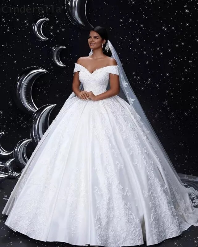 Nowa elegancka suknia ślubna z odkrytymi ramionami bez rękawów satynowe koronkowe aplikacje o linii podłogi Vestidos de novia 2024 dla nowożeńców