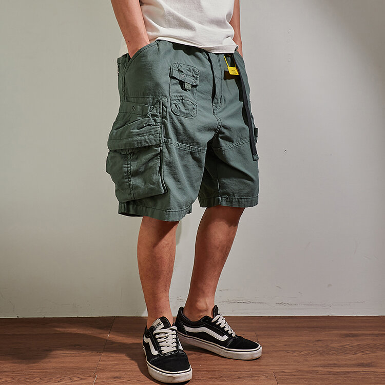 Letnia nowa amerykański Retro Cityboy Outdoor szorty Cargo męska czysta bawełna myte na co dzień wielo-kieszeniowe 5-punktowe spodnie z paskiem