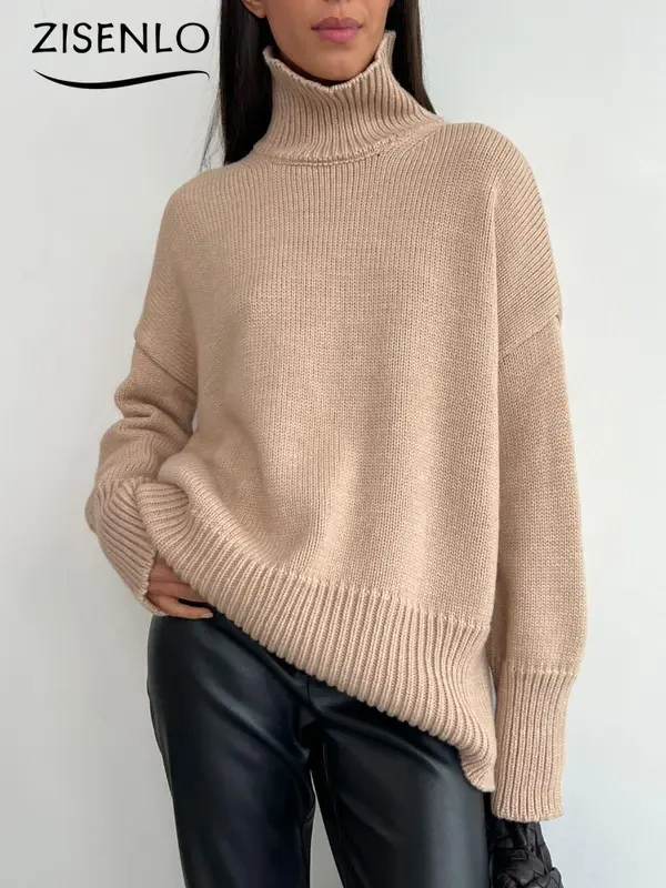 Модный женский свитер, Осенний новый свитер с высоким воротником, однотонный вязаный пуловер с длинным рукавом, теплый свободный джемпер, пуловер