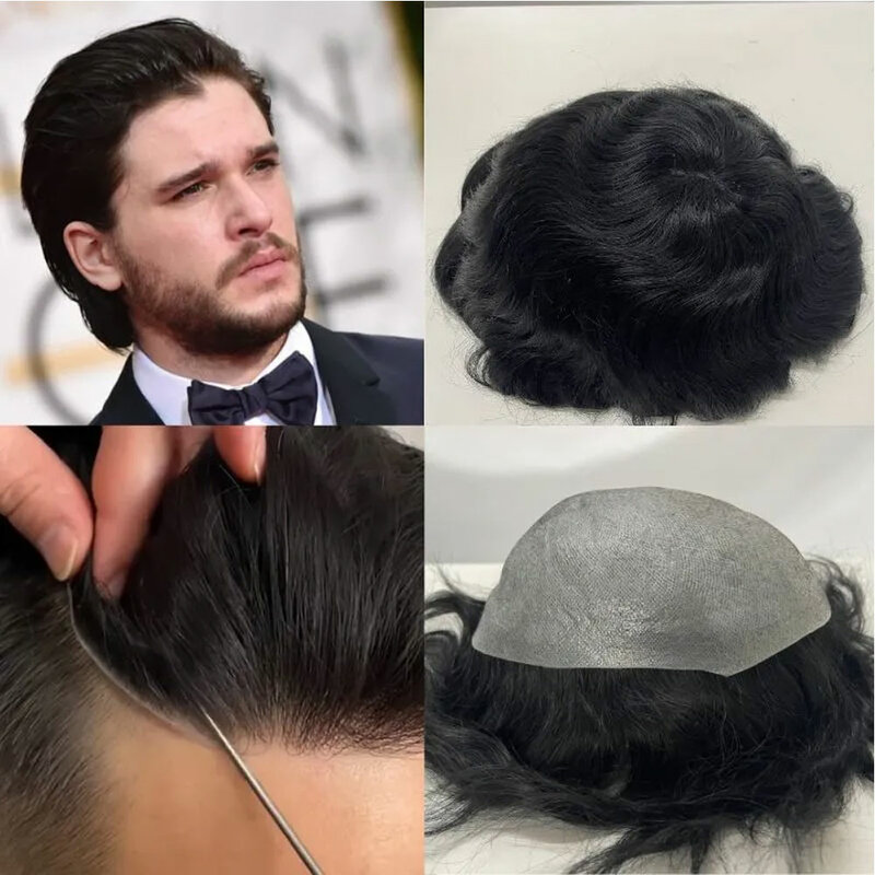 Transparent Thin PU Mens Toupee V-Looped 0.04-0.06mm Real Human Hair Replacement System Toupee For Men Super Thin Skin Hairline