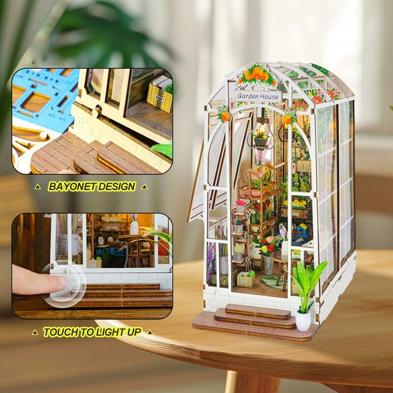 DIY Casa em miniatura com luz LED, Livro bonito Nook Kit, Estante Inserir, Bookend De Madeira, Decoração Do Jardim