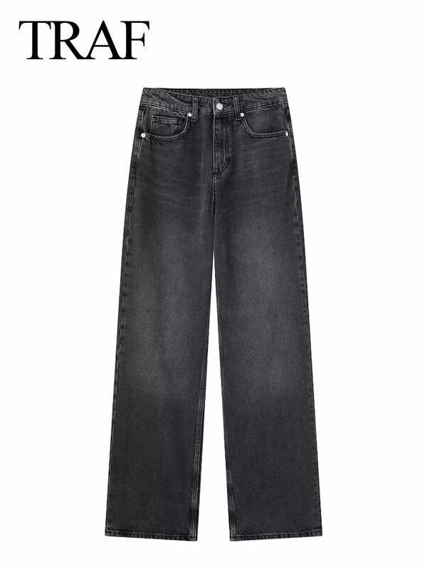 TRAF celana panjang longgar untuk wanita, celana panjang Jeans Denim warna polos longgar, celana panjang kasual gradien serbaguna 2023 untuk wanita
