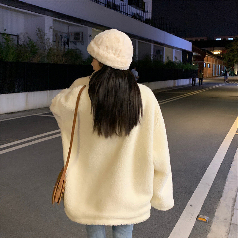 Зимняя утепленная свободная толстовка из овечьей шерсти, Женская Корейская теплая флисовая куртка большого размера, модные повседневные пальто, 2023