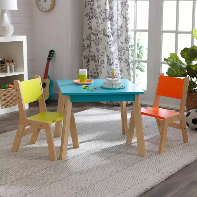 Conjunto de mesa e cadeira infantil moderno, móveis de madeira coloridos brilhantes, presente de marca-texto para idades 3-8