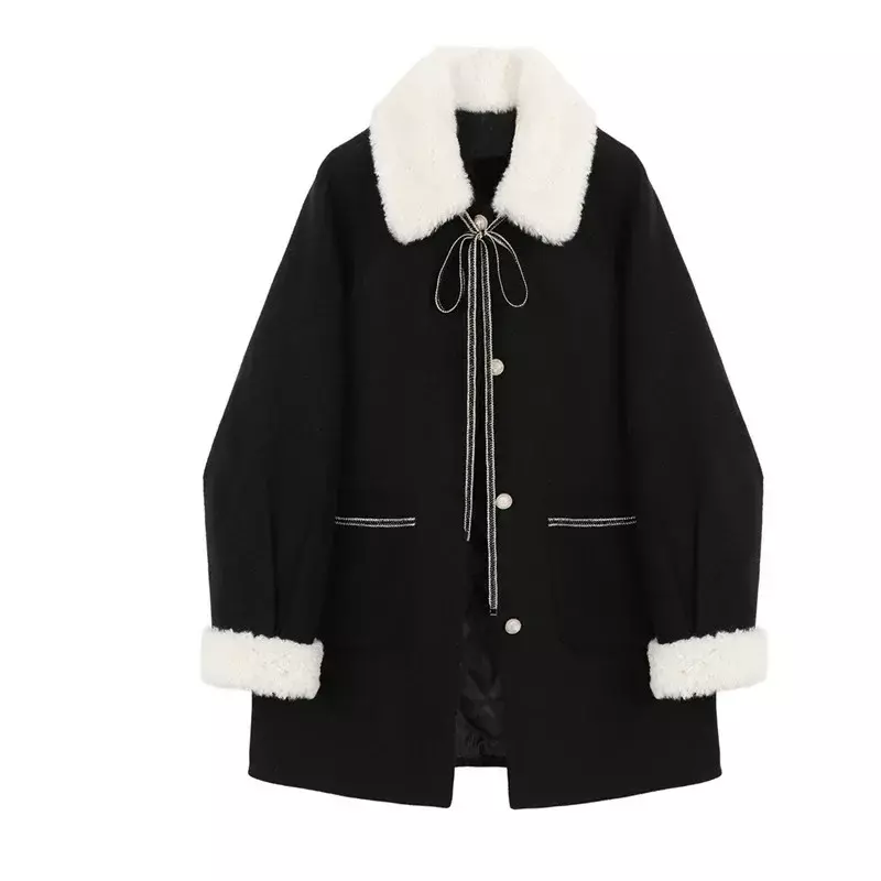 Manteau d'hiver chaud en laine d'agneau pour femmes, vestes longues, col rabattu, poches à boutonnage simple, optique féminine coréenne, pardessus en laine