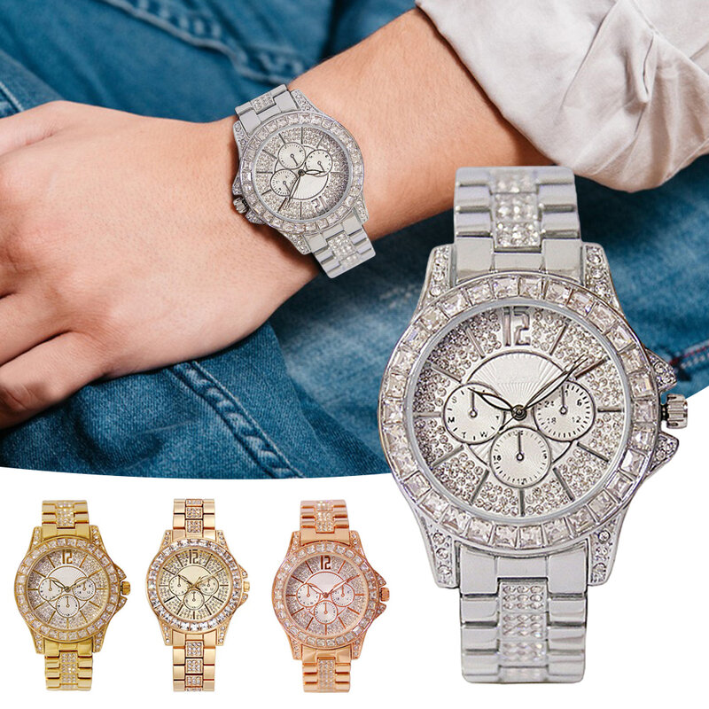 Reloj de pulsera redondo con diamantes brillantes para mujer, accesorios de joyería personalizados, reloj de lujo para mujer