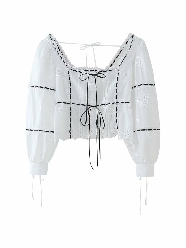 Women's new fashion bow tie decoration short square neck embroidered top retro long sleeved Button up women's shirt chic top