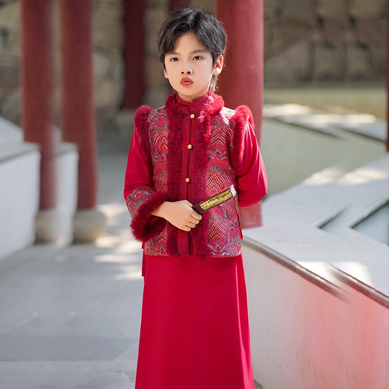 Winter New Improved Boys Hanfu Chinese Style Red Year's Greeting Dress Girls Crosstalk Long Robe Set With Velvet And Warm Design