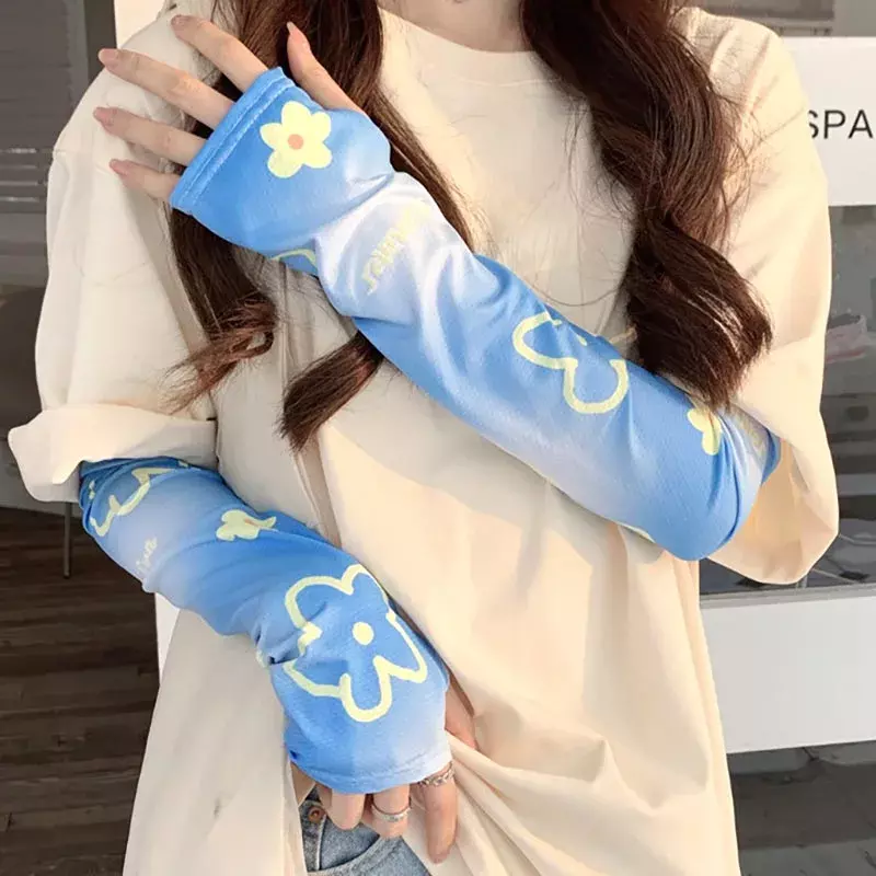 Women Cute Flowers Ice Silk Arm Sleeve UV Protection Arm Cover Cooling Warmer Running Golf Cycling Long Breathable Arm Sleeve