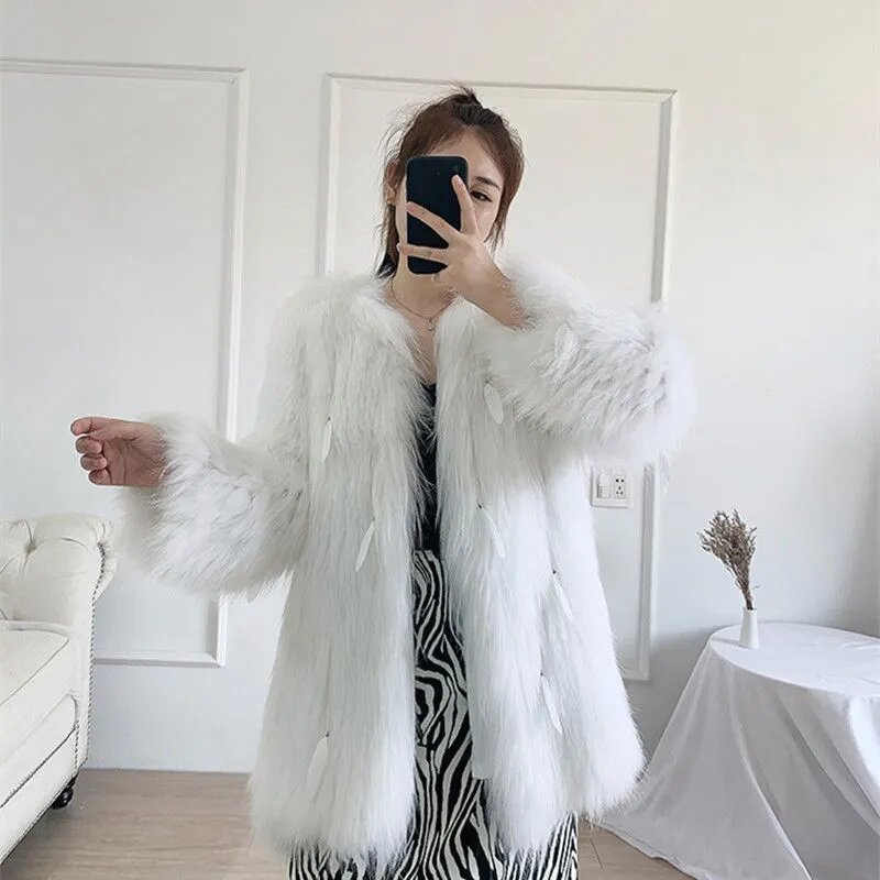 Jaqueta longa de pele de raposa feminina, casaco Parker grosso e quente, borlas soltas, cabelo de guaxinim imitado, casaco de inverno, nova moda