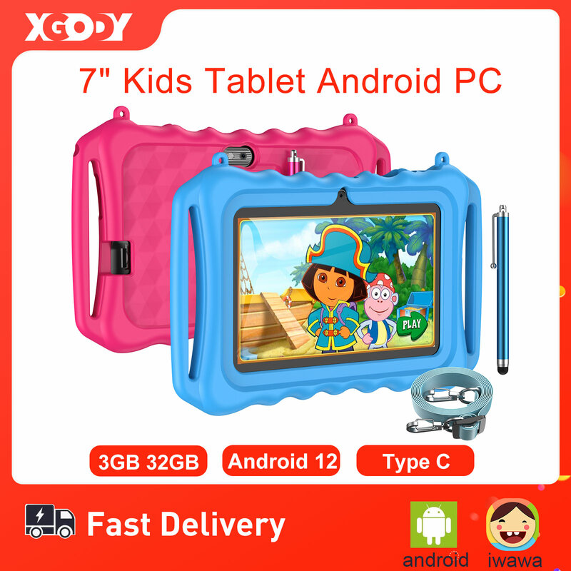 XGODY Tablet 7 inci anak Android PC Tablet untuk anak-anak belajar pendidikan Bluetooth WiFi TypeC dengan lucu casing pelindung hadiah anak
