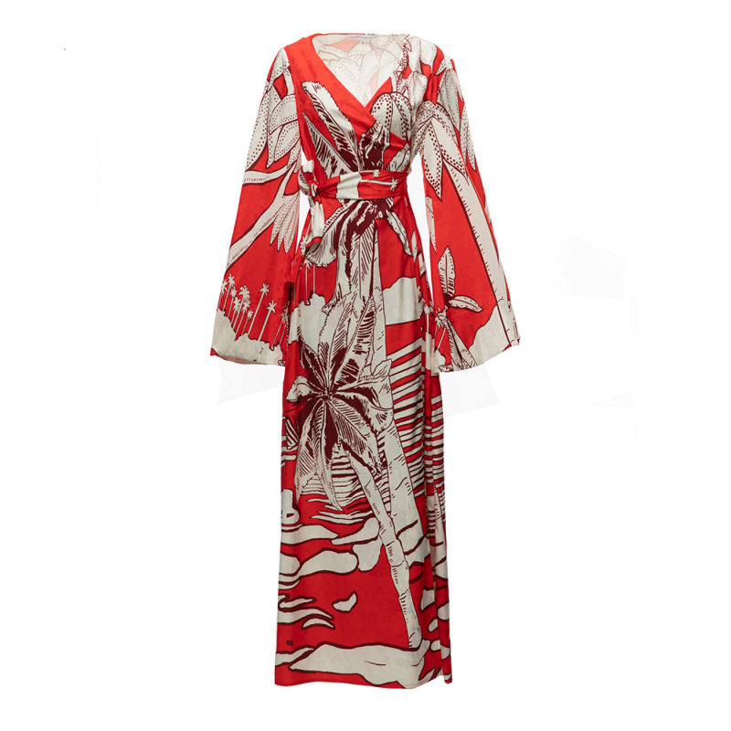 Gaun panjang Maxi cetak bunga merah pinggang renda leher V Wanita Kasual Vintage desainer mode musim panas baru 2023