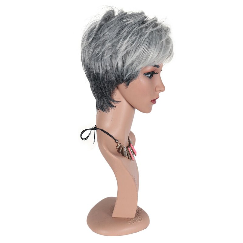 Short Straight Cut Synthetic Wigs Fashion Trend Grandma Silver Gray Hairpiece With Bangs For Women Partial Headgear Wig