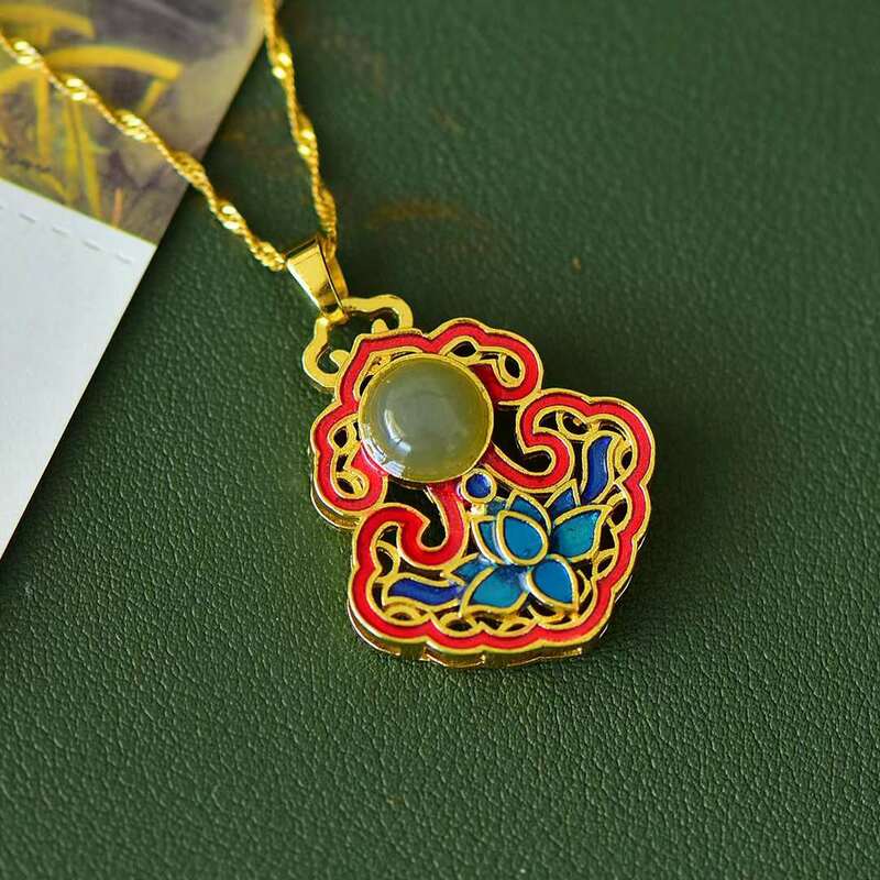 Cobre incrustada com Natural Hetian Jade, auspicioso flor🌸Colar pingente cor esmalte para mulheres, Joias Presentes