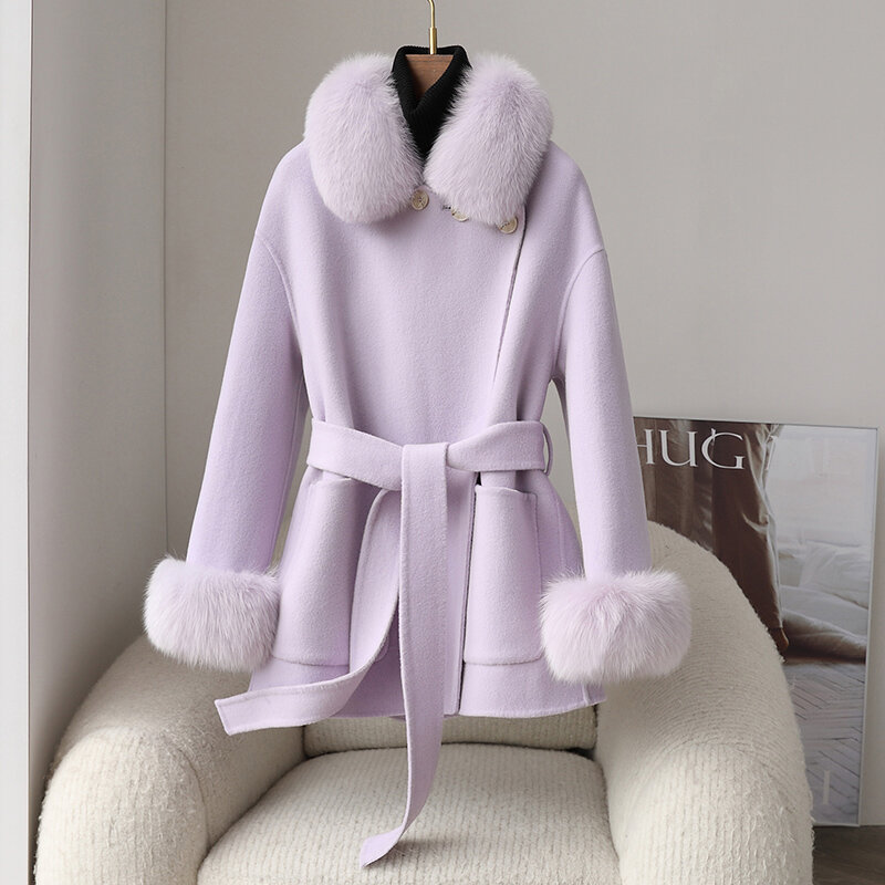 2023 Kaschmir mantel Fuchs pelz kragen reversible Damen mittellange einfache Fuchs pelz manschetten im sozialen Stil doppelseitiger Woll mantel