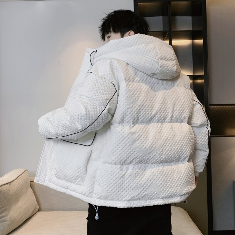 Jaqueta de pato branco com capuz masculina, casaco puffer quente, parkas loose top, outwear casual, monocromático, roupas de inverno, 2023