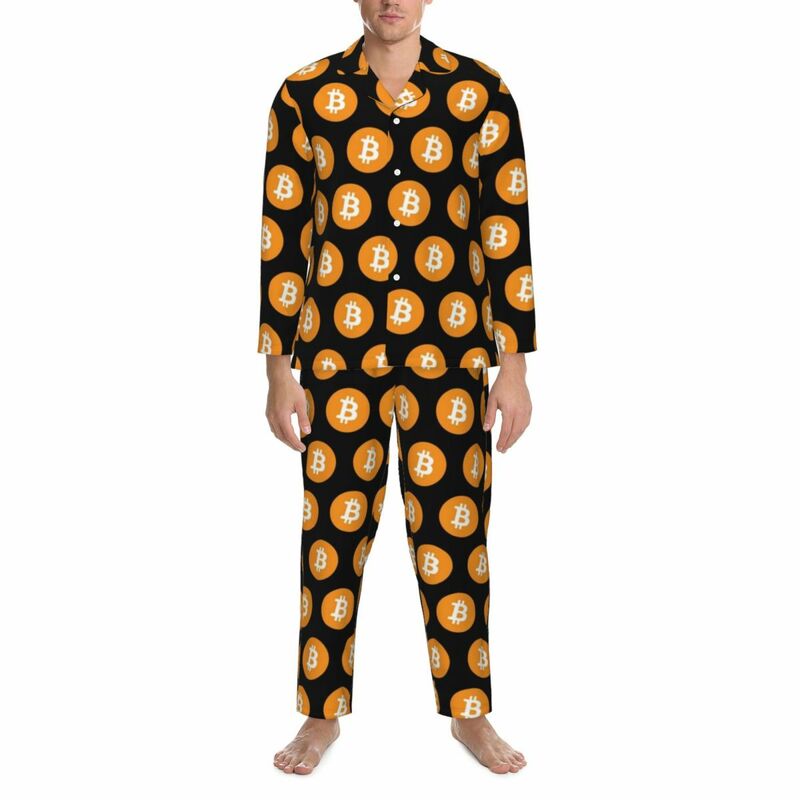 Conjunto de pijamas Bitcoin 1 10017 para hombre, ropa de dormir romántica de manga larga, Vintage, de noche, 2 piezas, talla grande 2XL