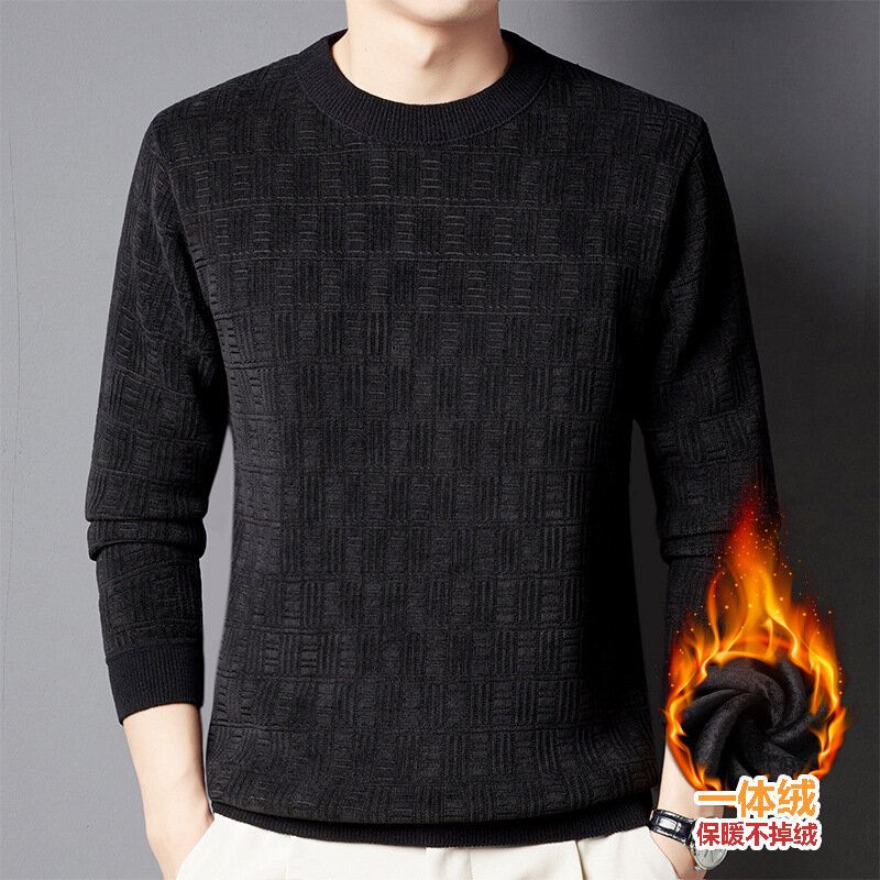 Winter Men's Fleece-lined Thick Warm Sweater Middle-Aged Jacquard Long Sleeve Solid Color Simple Bottoming Shirt