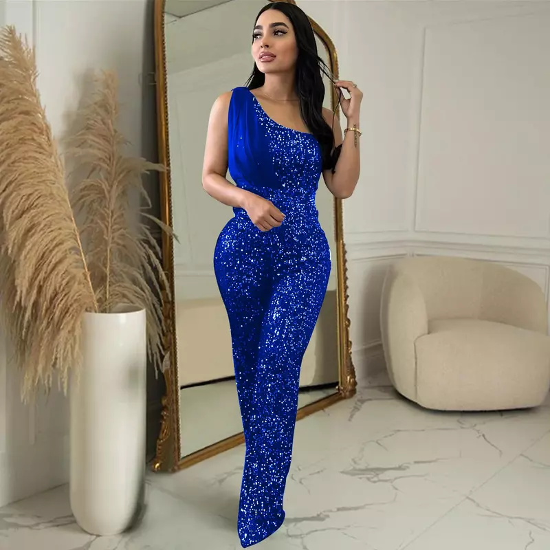 Elegant Sequined Glitter Jumpsuit for Women Sexy One Shoulder Patchwork Sheer Mesh Ribbon Skinny Night Club Party Romper Outfits